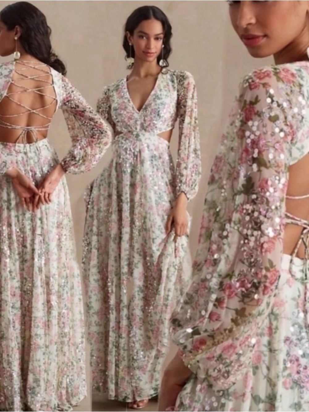 Mac Duggal SEQUINED FLORAL PRINT CUT OUT LACE UP GOWN size 4 NEW $798